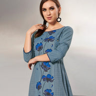 Laxmipati Textured Cotton grayish blue, Cross Pintucks Full length Gown with 3/4 sleeve & Mask