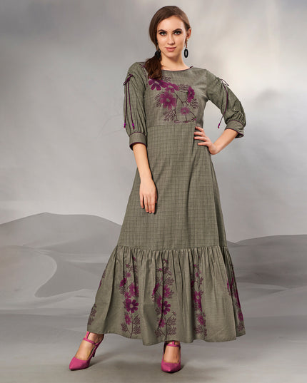 Laxmipati Textured Cotton Muddy Grey, Gathered Flair Full length Gown with 3/4 sleeve & Mask