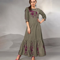 Laxmipati Textured Cotton Muddy Grey, Gathered Flair Full length Gown with 3/4 sleeve & Mask