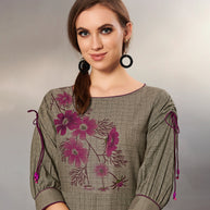 Laxmipati Textured Cotton Muddy Grey, Gathered Flair Full length Gown with 3/4 sleeve & Mask
