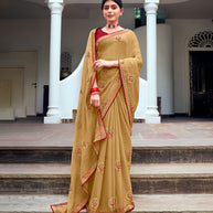 Laxmipati Chiffon Chikoo Zari Embroidery Work Saree