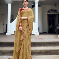 Laxmipati Chiffon Chikoo Zari Embroidery Work Saree