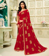 Laxmipati Chiffon Red Zari Work Embroidery, Stone Work Saree