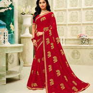 Laxmipati Chiffon Red Zari Work Embroidery, Stone Work Saree