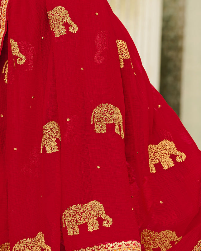 Laxmipati Chiffon Red Zari Work Embroidery,Stone Work Saree