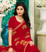 Laxmipati Chiffon Red Zari Work Embroidery, Stone Work Saree