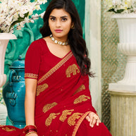 Laxmipati Chiffon Red Zari Work Embroidery, Stone Work Saree
