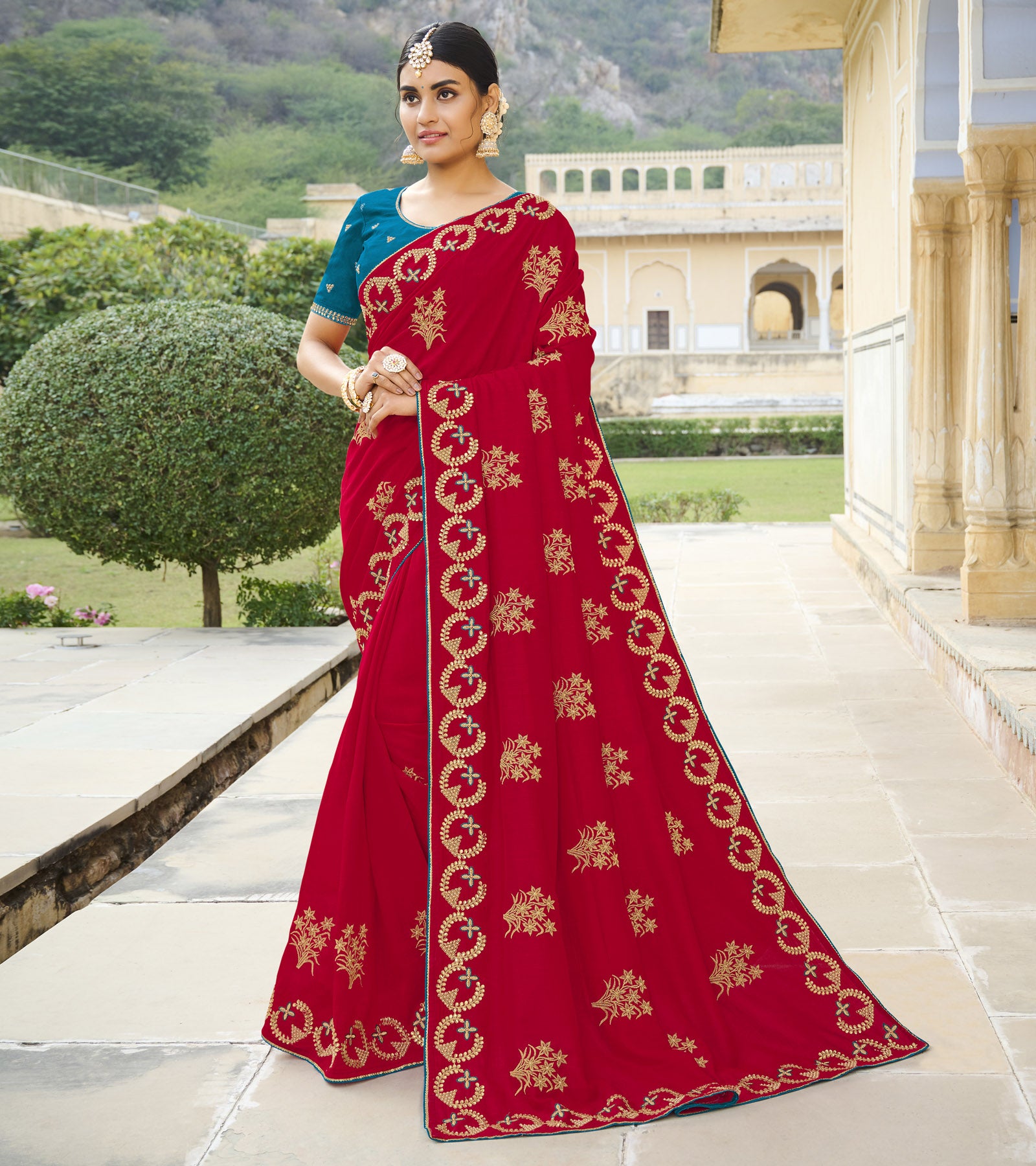 Royal Pakistani Bridal Dress in Deep Red Saree Style – Nameera by Farooq
