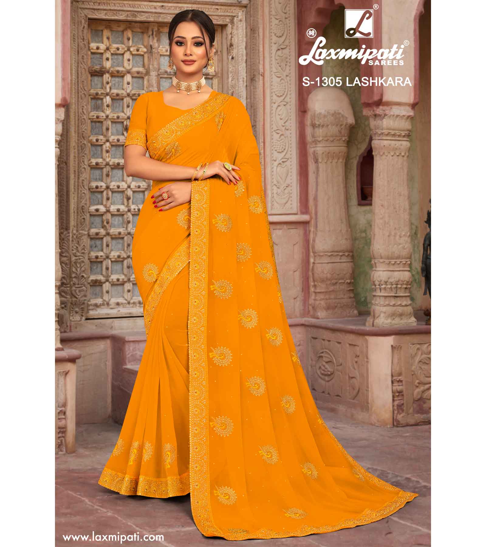 Laxmipati Yellow Lashkara S-1306 Georgette Gold Sarees