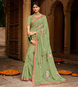 Laxmipati Aradhana Chiffon  Olive Green Zari Work Embroidery, Stone Work Saree