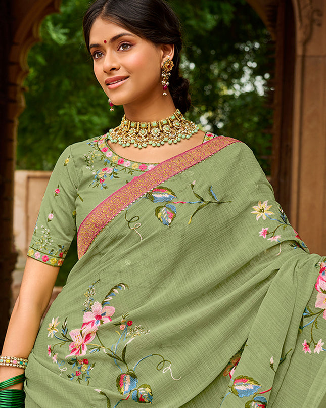 Laxmipati Aradhana Chiffon  Olive Green Zari Work Embroidery, Stone Work Saree