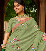 Laxmipati Aradhana Chiffon  Olive Green Zari Work Embroidery, Stone Work Saree