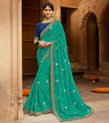 Laxmipati Aradhana Chiffon  Rama Zari Work Embroidery, Stone Work Saree