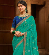 Laxmipati Aradhana Chiffon  Rama Zari Work Embroidery, Stone Work Saree