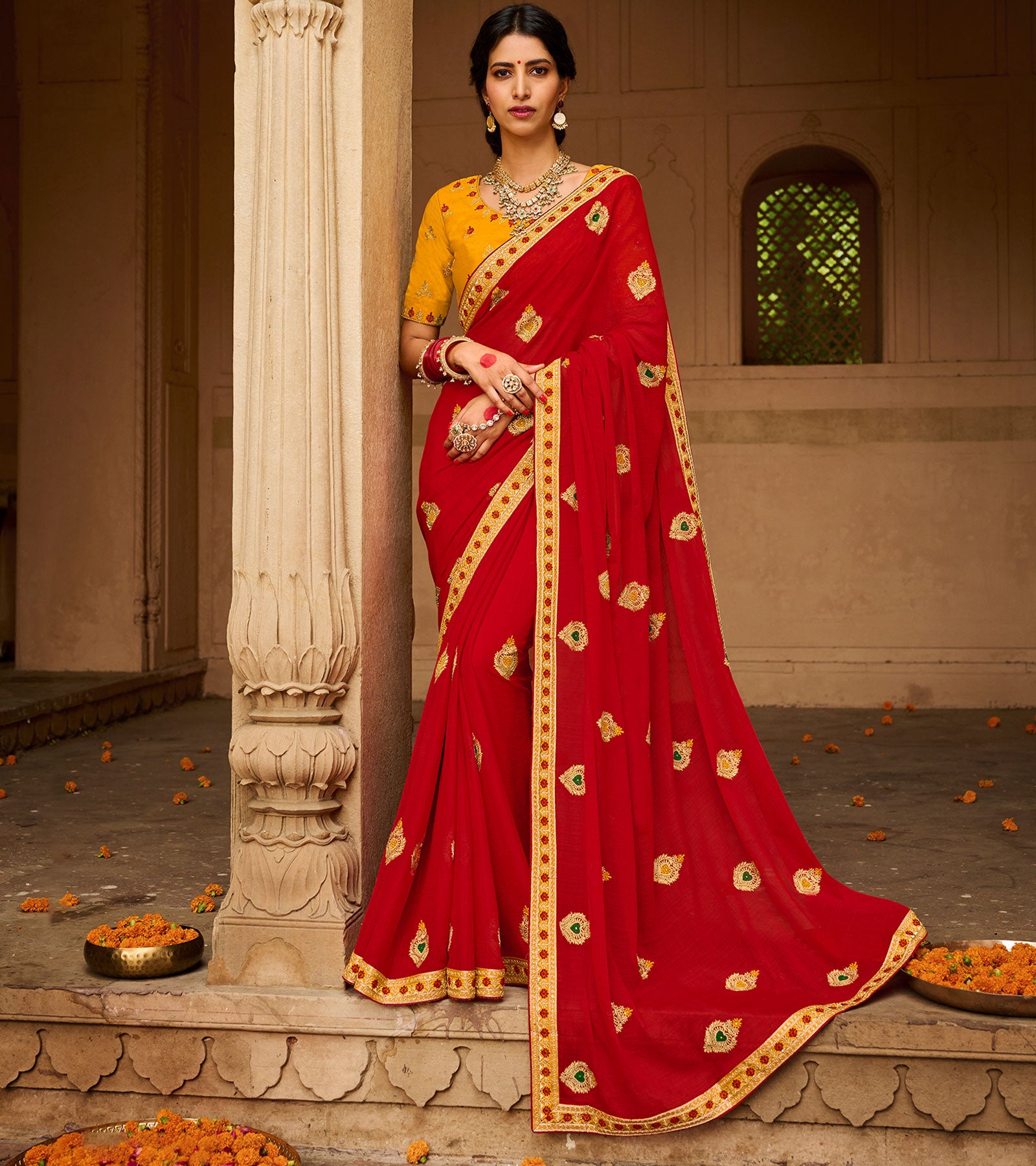 Buy RANGOLI ART Womens And Girls Georgette Fabric Saree With Zari Sequins  Embroidery Work Red Color Saree at Amazon.in