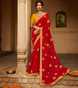 Laxmipati Aradhana Chiffon Red Zari Work Embroidery, Stone Work Saree