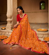 Laxmipati Aradhana Chiffon  Orange Zari Work Embroidery, Stone Work Saree