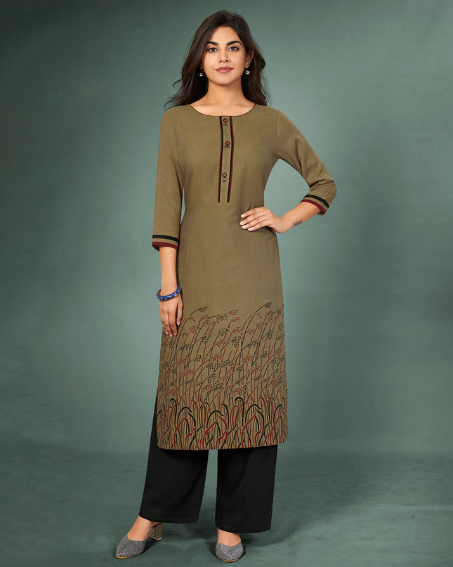 Laxmipati Cotton Mitti Brown Hand Crafted Print with Pigment Dye Straight Cut Kurti With Palazzo and Mask