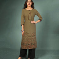 Laxmipati Cotton Mitti Brown Hand Crafted Print with Pigment Dye Straight Cut Kurti With Palazzo and Mask