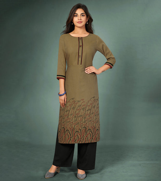 Laxmipati Cotton Mitti Brown Hand Crafted Print with Pigment Dye Straight Cut Kurti With Palazzo and Mask