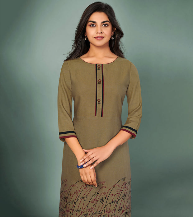Laxmipati Cotton Mitti Brown Hand Crafted Print with Pigment Dye Straight Cut Kurti With Palazzo and Mask
