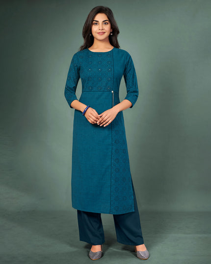 Laxmipati Cotton Dusty Blue Hand Crafted Print with Pigment Dye Straight Cut Kurti With Palazzo and Mask