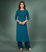 Laxmipati Cotton Dusty Blue Hand Crafted Print with Pigment Dye Straight Cut Kurti With Palazzo and Mask