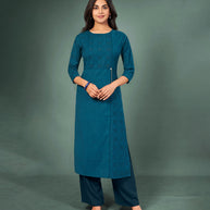 Laxmipati Cotton Dusty Blue Hand Crafted Print with Pigment Dye Straight Cut Kurti With Palazzo and Mask