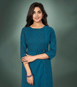 Laxmipati Cotton Dusty Blue Hand Crafted Print with Pigment Dye Straight Cut Kurti With Palazzo and Mask