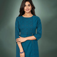 Laxmipati Cotton Dusty Blue Hand Crafted Print with Pigment Dye Straight Cut Kurti With Palazzo and Mask
