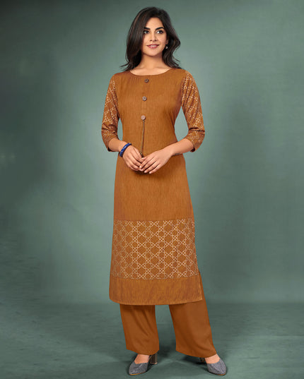 Laxmipati Cotton Mustard Brown Hand Crafted Print with Pigment Dye Straight Cut Kurti With Palazzo and Mask