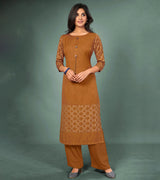 Laxmipati Cotton Mustard Brown Hand Crafted Print with Pigment Dye Straight Cut Kurti With Palazzo and Mask