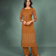 Laxmipati Cotton Mustard Brown Hand Crafted Print with Pigment Dye Straight Cut Kurti With Palazzo and Mask