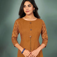 Laxmipati Cotton Mustard Brown Hand Crafted Print with Pigment Dye Straight Cut Kurti With Palazzo and Mask