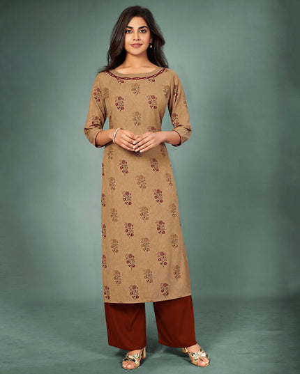 Laxmipati Cotton Chikoo rust Hand Crafted Print with Pigment Dye Straight Cut Kurti With Palazzo and Mask