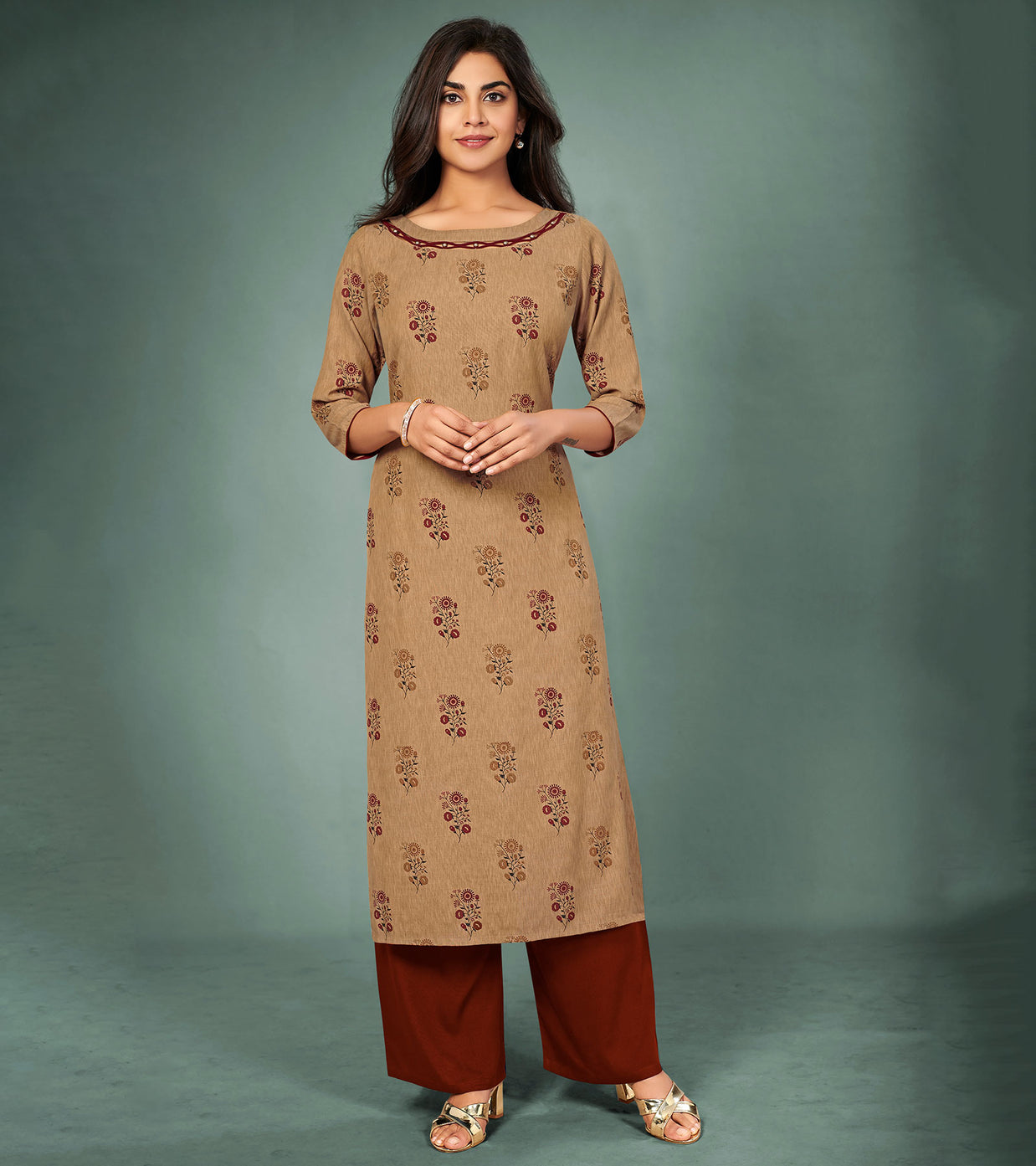 Laxmipati Cotton Chikoo rust Hand Crafted Print with Pigment Dye Straight Cut Kurti With Palazzo and Mask