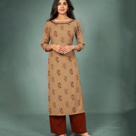 Laxmipati Cotton Chikoo rust Hand Crafted Print with Pigment Dye Straight Cut Kurti With Palazzo and Mask