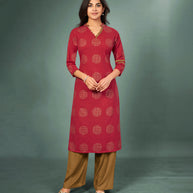Laxmipati Cotton Rimzim redHand Crafted Print with Pigment Dye Straight Cut Kurti With Palazzo and Mask