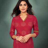 Laxmipati Cotton Rimzim redHand Crafted Print with Pigment Dye Straight Cut Kurti With Palazzo and Mask