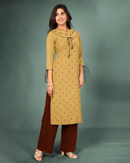 Laxmipati Cotton Beige Hand Crafted Print with Pigment Dye Straight Cut Kurti With Palazzo and Mask