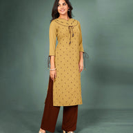 Laxmipati Cotton Beige Hand Crafted Print with Pigment Dye Straight Cut Kurti With Palazzo and Mask