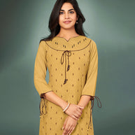 Laxmipati Cotton Beige Hand Crafted Print with Pigment Dye Straight Cut Kurti With Palazzo and Mask