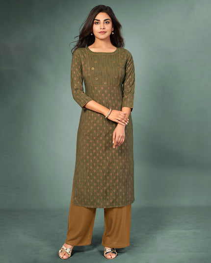 Laxmipati Cotton Olive green Hand Crafted Print with Pigment Dye Straight Cut Kurti With Palazzo and Mask