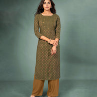 Laxmipati Cotton Olive green Hand Crafted Print with Pigment Dye Straight Cut Kurti With Palazzo and Mask