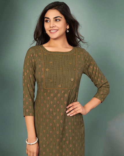 Laxmipati Cotton Olive green Hand Crafted Print with Pigment Dye Straight Cut Kurti With Palazzo and Mask