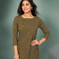 Laxmipati Cotton Olive green Hand Crafted Print with Pigment Dye Straight Cut Kurti With Palazzo and Mask