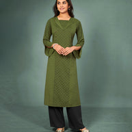 Laxmipati Cotton Mehendi green Hand Crafted Print with Pigment Dye Straight Cut Kurti With Palazzo and Mask