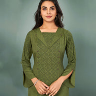 Laxmipati Cotton Mehendi green Hand Crafted Print with Pigment Dye Straight Cut Kurti With Palazzo and Mask