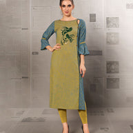 Laxmipati Barbie Cotton & Jacquard Cotton Olive Green,  Straight Cut Kurti With Mask