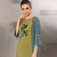 Laxmipati Barbie Cotton & Jacquard Cotton Olive Green,  Straight Cut Kurti With Mask